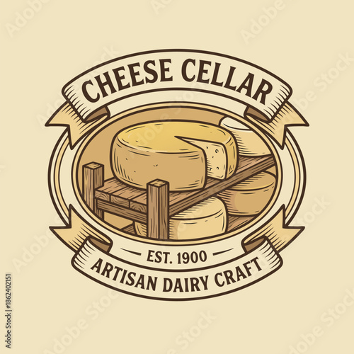 Vintage Cheese Cellar Artisan Dairy Craft Emblem.