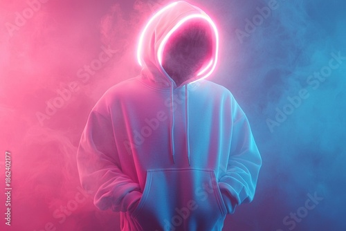 Mysterious figure in a white hoodie glowing with neon light in smoky atmosphere