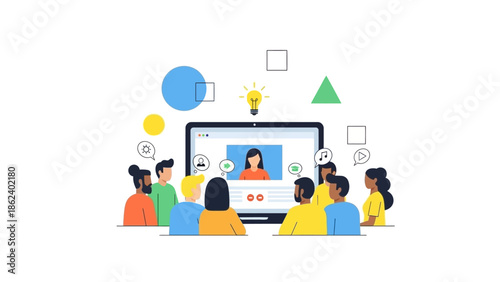 Diverse group of people engaged in a virtual meeting, learning and collaborating online