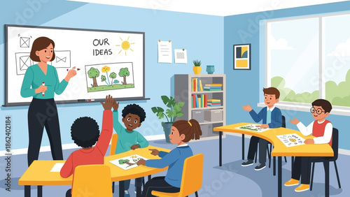 Engaged elementary school students actively participating in an interactive classroom lesson led by a supportive female teacher, fostering creativity and idea sharing during an educational activity