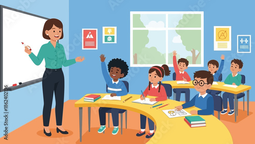 Engaged students in a vibrant classroom actively participating in a lesson led by their dedicated teacher, fostering a dynamic and inclusive learning environment