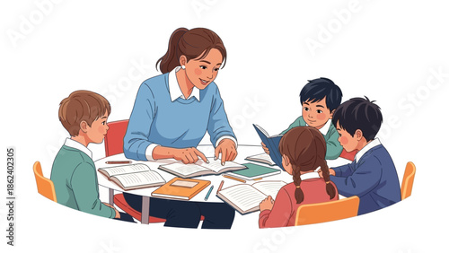 A compassionate teacher engages a diverse group of young students in an interactive reading session, fostering a love for learning and knowledge in a supportive classroom environment