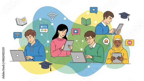 Diverse group of students engaged in online learning and digital education, utilizing various technologies for remote study and collaborative academic pursuits
