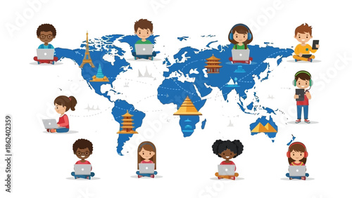 Global Connectivity Children Connecting Online Across the World with Laptops and Iconic Landmarks