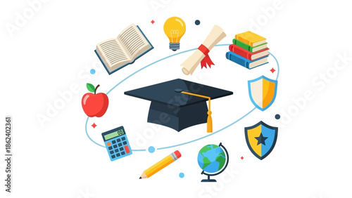 Education and learning icons surrounding a graduation cap, symbolizing academic achievement and knowledge acquisition