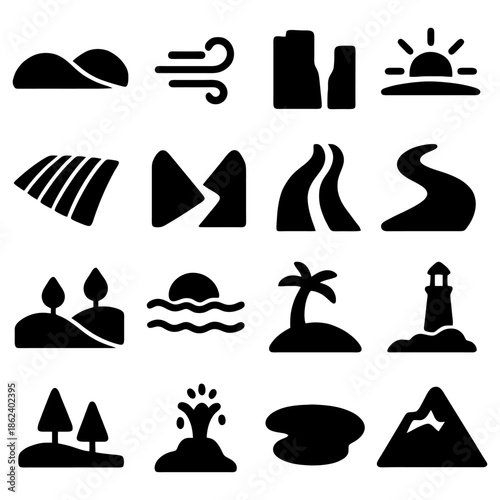 Landscapes Icons: A collection of stylized landscape icons, presenting a visual array of natural elements with simplicity and elegance.