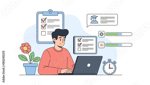 Online learning concept with a person studying on a laptop, completing tasks, and checking progress bars