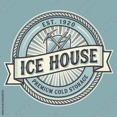 Vintage Ice House Emblem with Tools and Text.