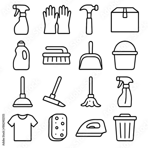 Cleaning Tools Array: A comprehensive collection of essential cleaning tools, including a spray bottle, gloves, hammer, box, detergent, brush, dustpan, bucket, plunger, mop, broom, t-shirt, sponge.