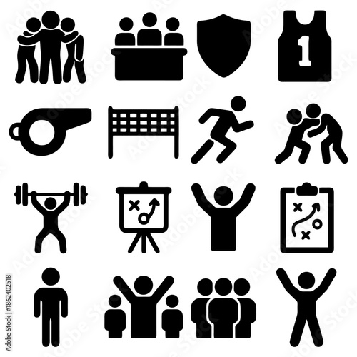 Sports Icons Collection: A compilation of essential sports symbols, presenting a unified theme of competition, teamwork, and athletic excellence.