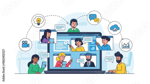 Online learning and remote work collaboration, demonstrating virtual team communication and digital education platforms for remote engagement
