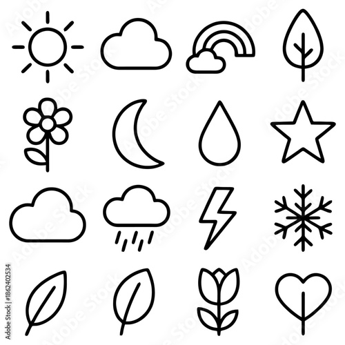 Nature's Simplified Palette: A minimalist illustration showcases a collection of nature elements, from the radiant sun to the delicate leaf, represented in clean, concise lines.