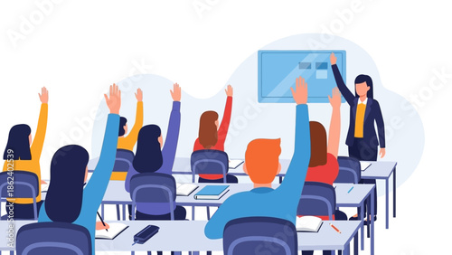 Interactive classroom illustration showing students actively raising hands in a lesson led by a teacher, symbolizing dynamic learning and educational engagement