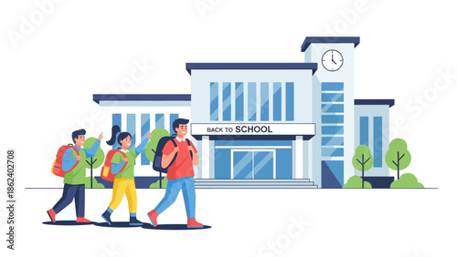 Illustration of students with backpacks walking towards a school building, symbolizing the start of the academic year and the journey of education