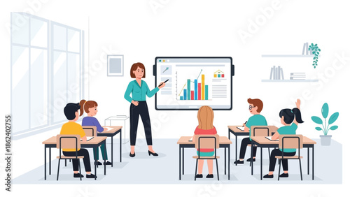 Teacher educates diverse students in a modern classroom, utilizing an interactive digital screen to present engaging data visualizations and statistical concepts