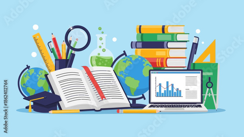 Educational elements and learning materials create a vibrant and engaging visual representation of knowledge acquisition and academic pursuits