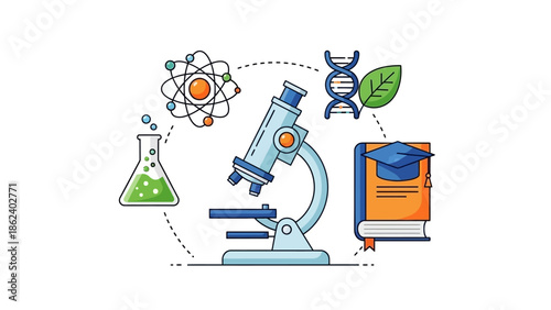 Scientific Discovery and Research Concept with Microscope, DNA, and Flask