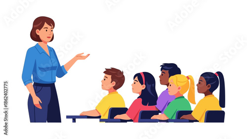 Teacher instructing students in a classroom setting, illustrating the concept of education and learning