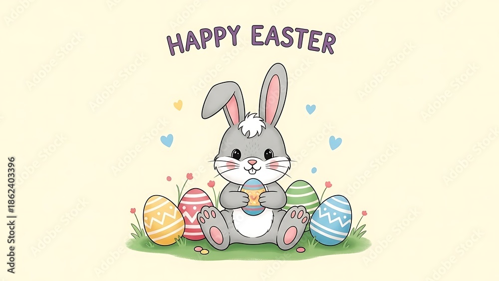 Fototapeta premium Digital Easter illustration featuring a cute bunny, colorful eggs, a cartoon style, soft lines, a pastel palette, and a cheerful, childlike atmosphere.