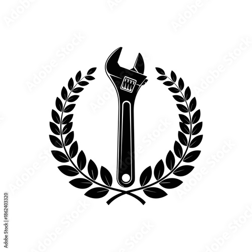 Adjustable Wrench Surrounded by Laurel Wreath.