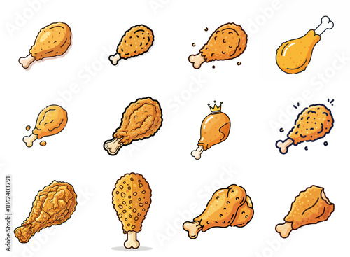Vector illustration set of fried chicken drumsticks in various cartoon styles isolated on white background.