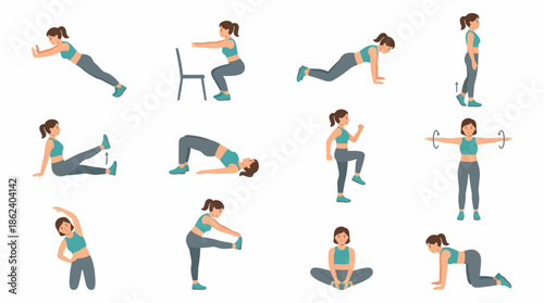 Women Fitness Workout Poses Flat Vector Illustration Set