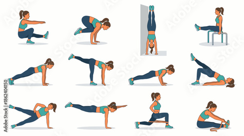 Women Fitness Workout Poses Set – Strength Training, Cardio and Stretching Illustration
