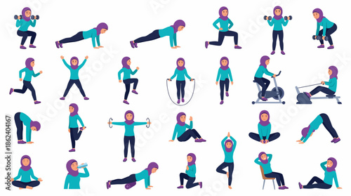 Hijab Women Fitness Workout Poses – Modest Exercise Illustration Set