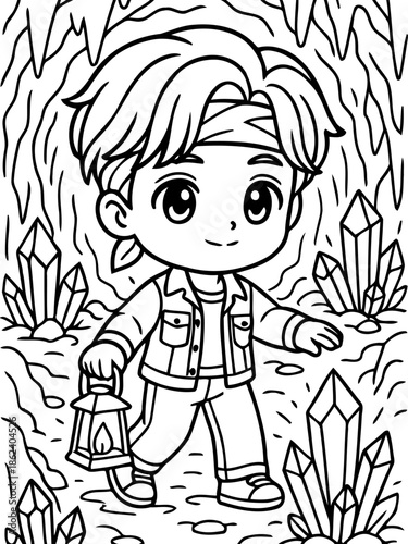 Cartoon Explorer in the Cave: A charming cartoon explorer ventures into a mystical cave illuminated by a lantern, amidst glistening crystals and intriguing geological formations.