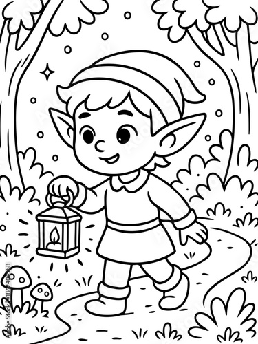 Enchanted Elf's Forest Stroll: A charming cartoon elf, cap perched jauntily, embarks on a delightful adventure, illuminating the mystical forest path with a flickering lantern. 