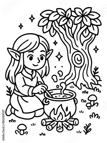 The Enchanting Elven Alchemist: An elven alchemist, with pointed ears and a gentle smile, tends to a bubbling cauldron over a crackling fire in a mystical woodland setting. This scene is one of magic.