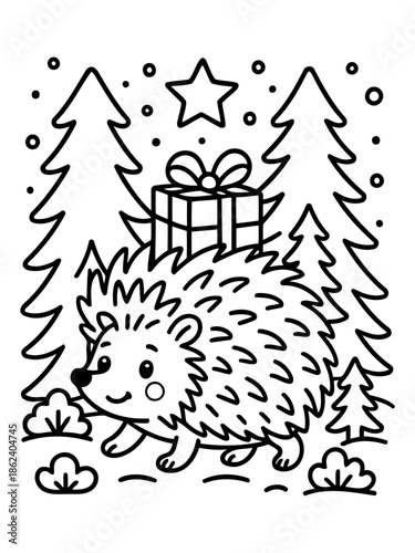 Whimsical Hedgehog and Festive Scene: A cheerful hedgehog ambles through a magical winter landscape, passing a wrapped gift.