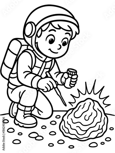 Future Explorer: A young astronaut, brimming with curiosity, examines a unique rock formation on a foreign planet, embodying the spirit of discovery and the wonder of space exploration.