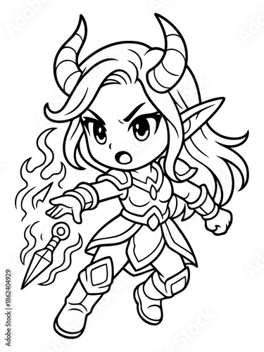 Enchanting Chibi Warrior: A valiant chibi warrior, horned and with pointed ears, wields magical flames and a dagger, radiating an aura of fantasy and valor.