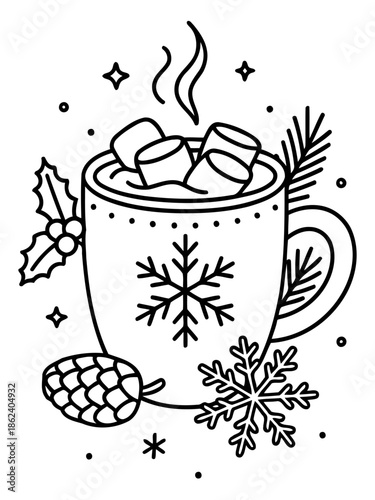 Winter Cocoa Illustration: A comforting mug of hot cocoa, adorned with marshmallow and holiday decoration, the steam rising, evoking a sense of cozy warmth and festive joy.