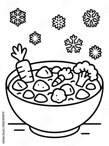 Winter Feast: Illustration of a warm bowl of soup, complete with carrots, potatoes, broccoli and falling snowflakes, a comforting illustration for cold winter days.