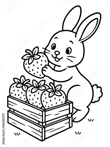 Bunny's Strawberry Harvest: A charming bunny gleefully holds a succulent strawberry, a bounty from a wooden crate brimming with more of the ripe red fruit.
