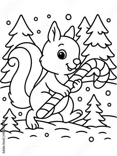 Festive squirrel: An adorable squirrel, clutching a candy cane, frolics in a winter wonderland amidst snow-covered pines. This joyful scene embodies the magic and cheer of the holiday season.