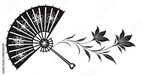 Silhouette of a floral decorative folding fan for Chinese New Year and Mid-Autumn Festival decoration, with white background vector image