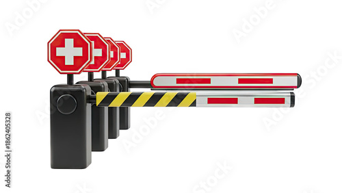 Multiple barrier gates with stop signs and hazard stripes