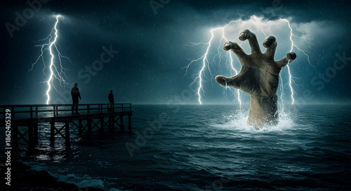 A colossal hand emerges from the stormy sea under a sky crackling with lightning, with two distant figures silhouetted on a pier