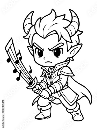 Chibi Demon Warrior: A fierce chibi demon warrior stands ready for battle, brandishing a musical sword. Illustration art with intricate details of demon's horns, dynamic pose.
