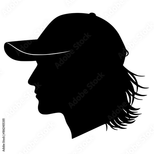 Side profile Man silhouette with mid length hair and baseball cap