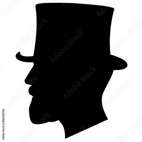 Side profile Man silhouette with short hair, beard and top hat