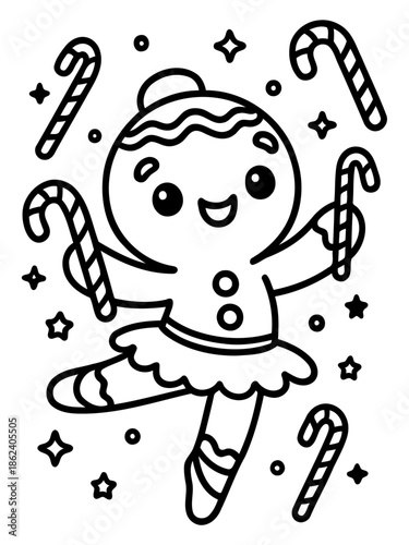 Gingerbread Ballerina: A cute gingerbread character in the pose of ballerina performs a graceful dance amidst a flurry of candy canes and shimmering stars.