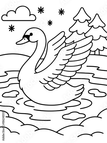 Serene Swan in Winter Wonderland: A tranquil swan floats gracefully on a calm lake, surrounded by a serene winter scene of gentle snowflakes, fluffy clouds, and snow-covered trees.