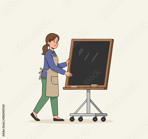 Woman Adjusting a Blackboard on a Stand.