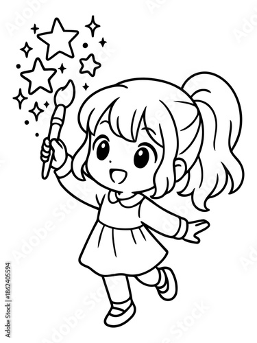 Little Artist's Dream: A charming young girl, paintbrush in hand, conjures sparkling stars, embodying the magic of imagination and creativity in the arts.