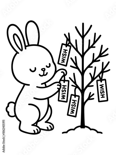Rabbit by wish tree: A charming illustration shows a rabbit and a bare tree adorned with wish tags, symbolizing hope and aspiration.