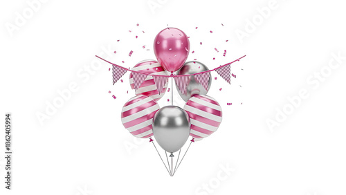 Pink and Silver Balloons with Party Banner and Confetti